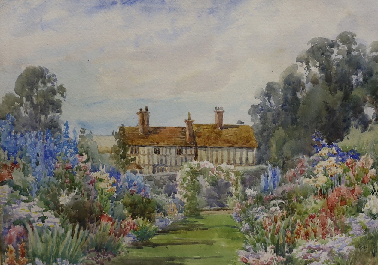 F.W., 20th century, pair of rural floral watercolours, monogrammed, 27 x 37cm